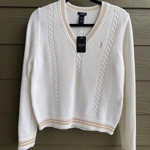 Izod 100% Cotton V-NeckCable Knit Sweater.Ivory L
